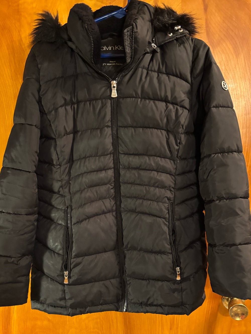 Calvin Klein Black Quilted Puffer Jacket with Faux-Fur Trim Hood